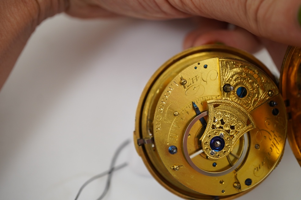 A George III silver gilt pair cased rack lever keywind pocket watch by P. Litherland & Co, Liverpool, with Roman dial and subsidiary seconds (hand missing)